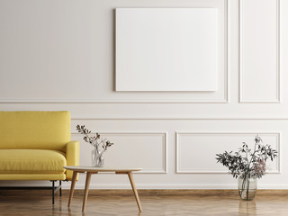 Fototapeta na wymiar Mock up poster in Scandinavian home, Sofa with minimalism design, 3d render, 3d illustration.