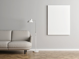 Mock up poster in Scandinavian home, Sofa with minimalism design, 3d render, 3d illustration.
