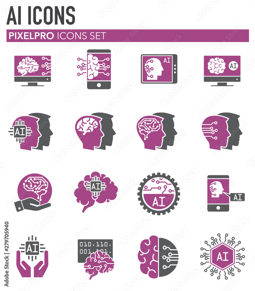 Poster artificial intelligence ai related icons set on background for graphic and web design. simple illust