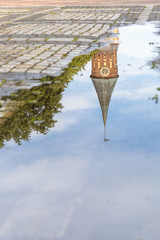 Fototapeta na wymiar reflection in the water puddles on the pavement of the Koenigsberg Cathedral in Kaliningrad
