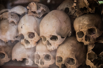 A memorial with human skulls, victims of Khmer Rouge.