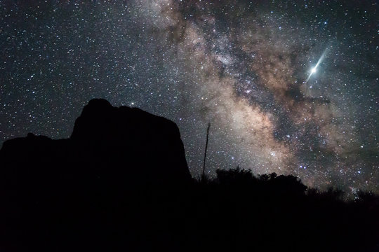 The Milky Way rising over the Chisos Basin in Big Bend National Park (Texas).