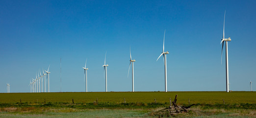 Wind turbines, renewable energy on a green field, spring day. Wind farm, New Mexico, USA.