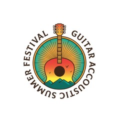 Guitar festival with landscape illustration logo design
