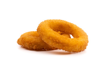 fried onion rings on white background