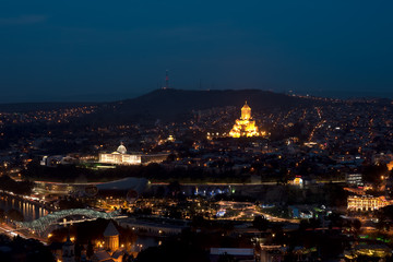 Panoramic view of night Tbilisi overlooking the government and the Holy Trinity Cathedral