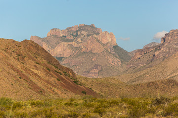 Desert landscape view of the Chisos Basin during the day in Big Bend National Park (Texas).
