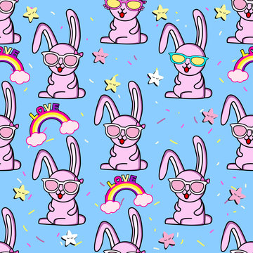 Cute kids rabbit pattern for girls and boys. Colorful rabbit, stars with glasses on the abstract bright background. The rabbit pattern is made in colors. Urban stars pattern for textile and fabric