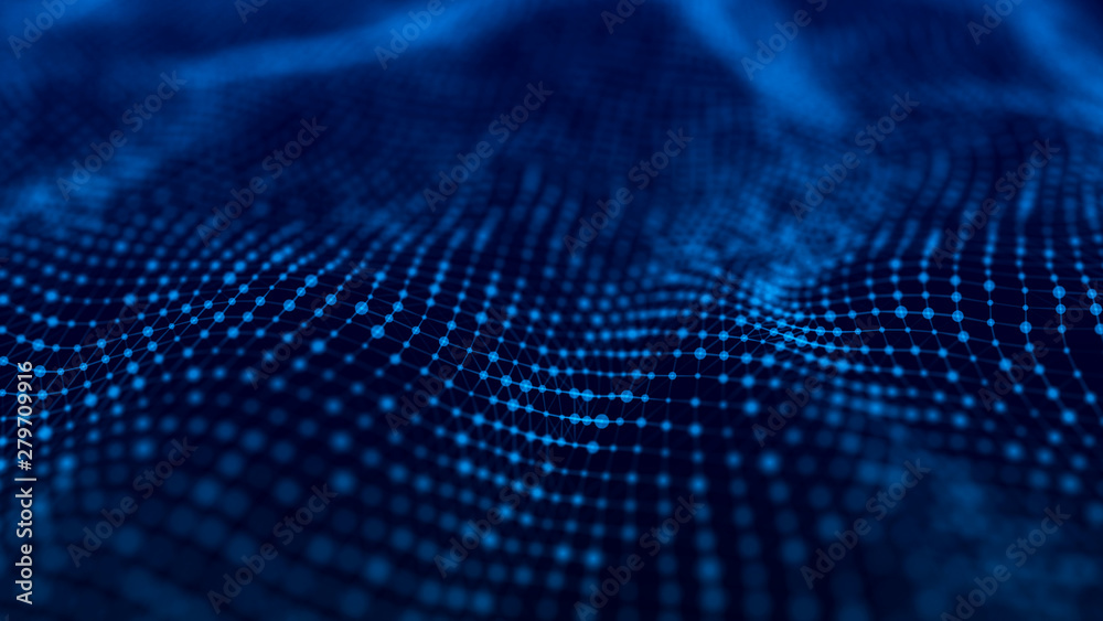 Fototapete Futuristic background of points and lines with a dynamic wave. Big data. Abstract background 3d rendering. 4k.