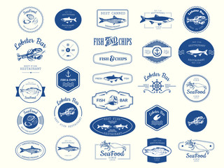 Vector Illustration with logo for fish restaurant or fish market. Logo set for fish restaurant or bar with a picture of the fish. Blue sings on white background. - 279710913