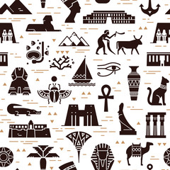 Dark seamless pattern of symbols, landmarks, and signs of Egypt from icons - obrazy, fototapety, plakaty