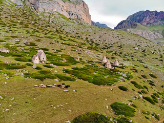 Fototapeta na wymiar Distant view of medieval tombs in City of Dead near Eltyulbyu, Russia