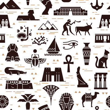 Dark seamless pattern of symbols, landmarks, and signs of Egypt from icons