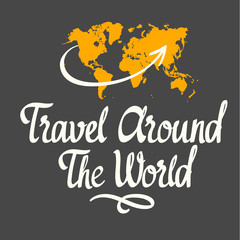 Travel handwritten ink lettering. Vector illustration with worl map on black background. Brush calligraphy elements for your design.