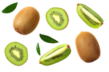 kiwi fruit with slices and green leaves isolated on a white background. top view - obrazy, fototapety, plakaty