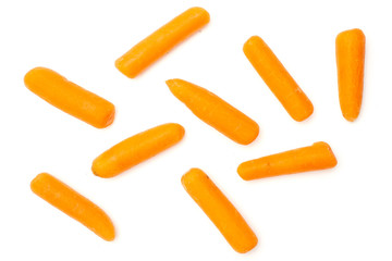 Lot of whole peeled orange baby cut carrot flatlay isolated on white background