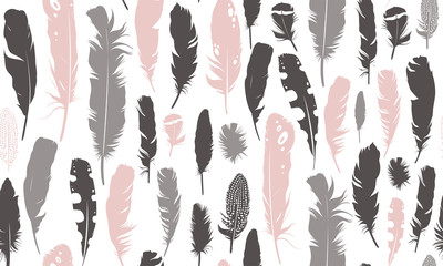 Seamless pink and gray illustration with feathers on a white background. Natural vector pattern. Boho style. Simple silhouettes.