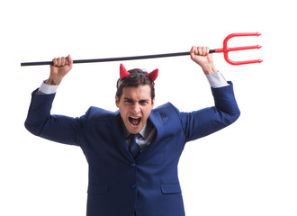Evil devil businessman with pitchfork isolated on white backgrou
