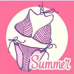 Travel vector illustration with swimming suit in sketch style on pink background. Brush calligraphy elements for your design. Handwritten ink lettering.