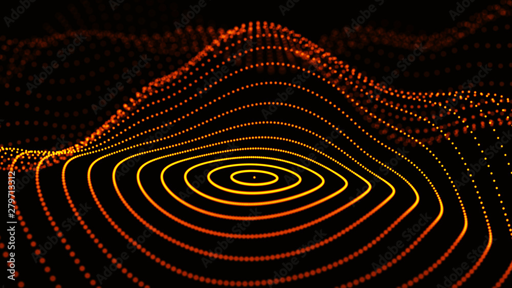 Poster abstract dynamic wave of particles. network of bright points or dots. big data. digital background. 
