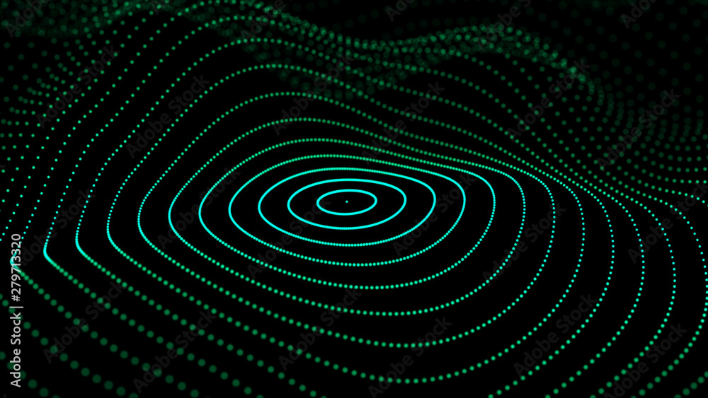Poster abstract dynamic wave of particles. network of bright points or dots. big data. digital background. 