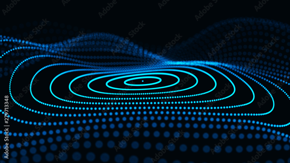 Poster abstract dynamic wave of particles. network of bright points or dots. big data. digital background. 