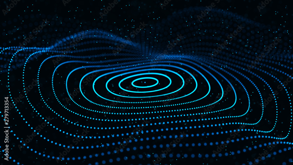 Poster abstract dynamic wave of particles. network of bright points or dots. big data. digital background. 
