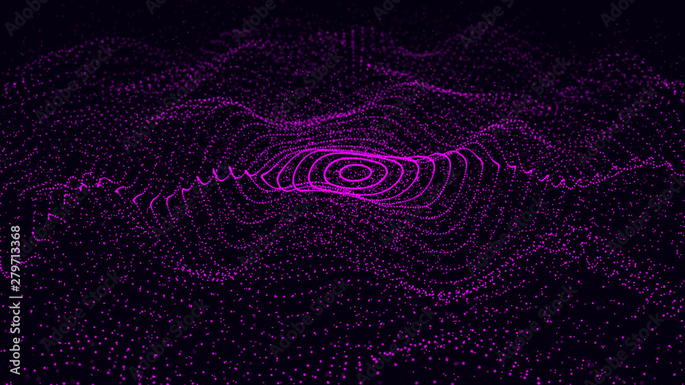 Poster abstract dynamic wave of particles. network of bright points or dots. big data. digital background. 