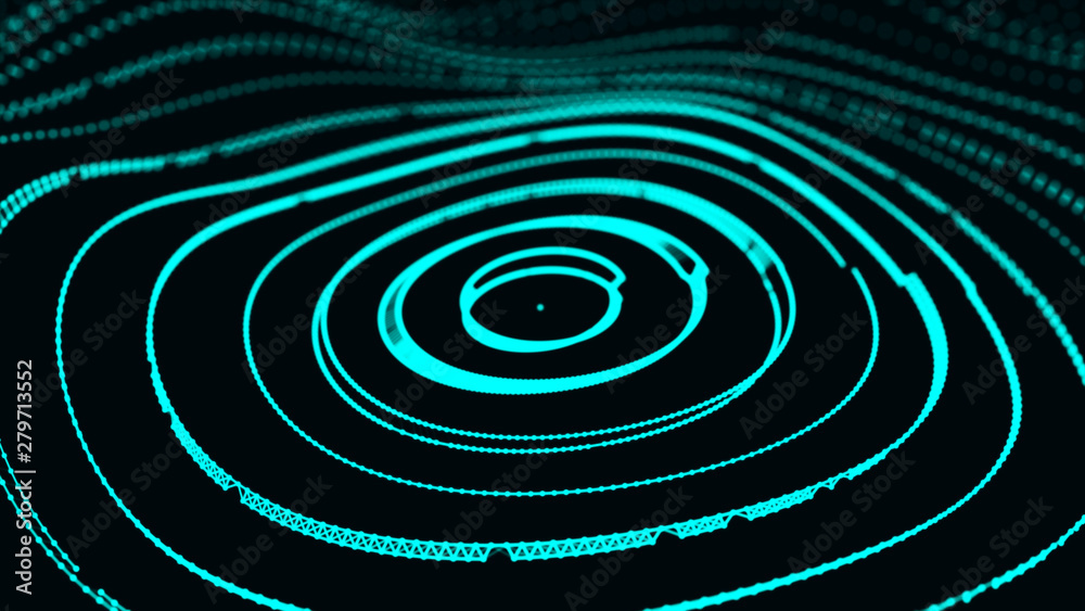 Poster abstract dynamic wave of points and lines. network of bright particles connected by lines. big data.