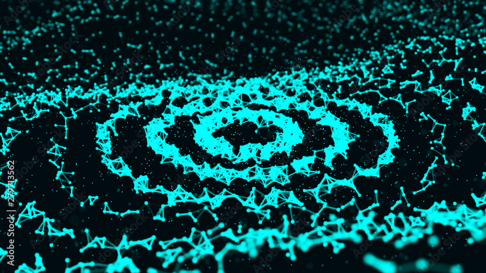 Poster abstract dynamic wave of points and lines. network of bright particles connected by lines. big data.