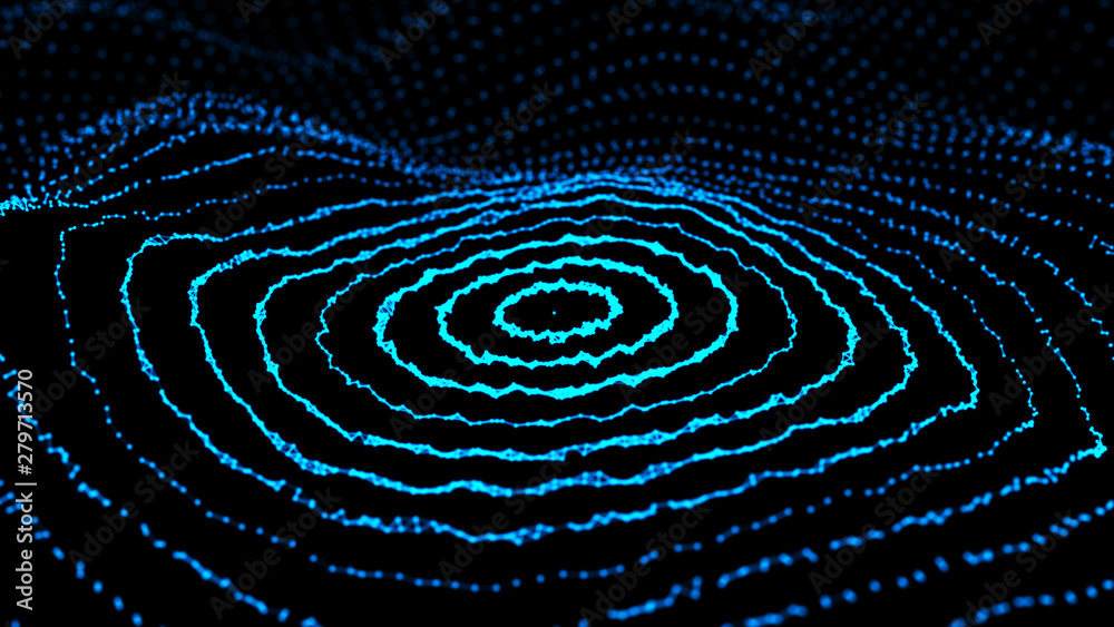 Poster abstract dynamic wave of points and lines. network of bright particles connected by lines. big data.