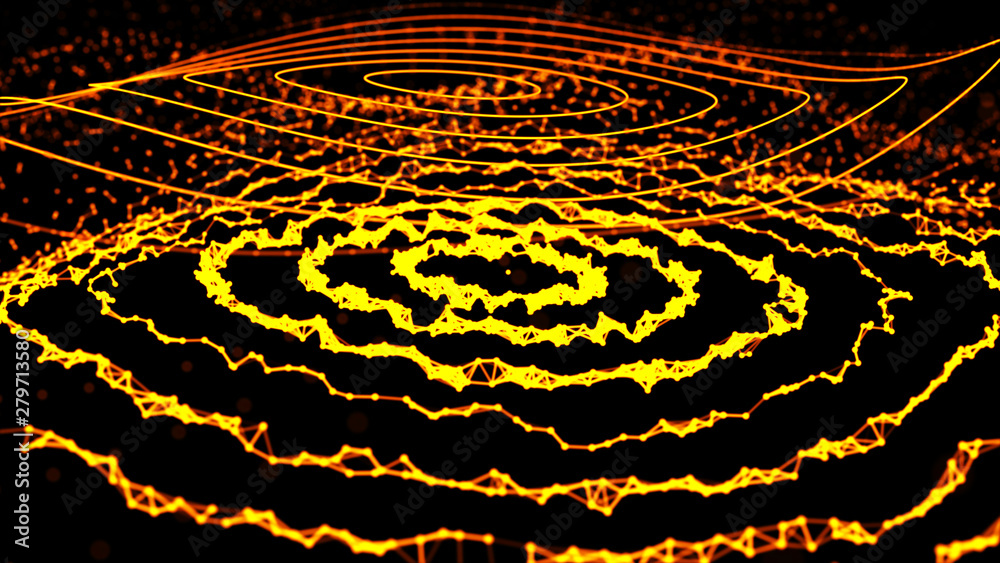 Poster abstract dynamic wave of points and lines. network of bright particles connected by lines. big data.