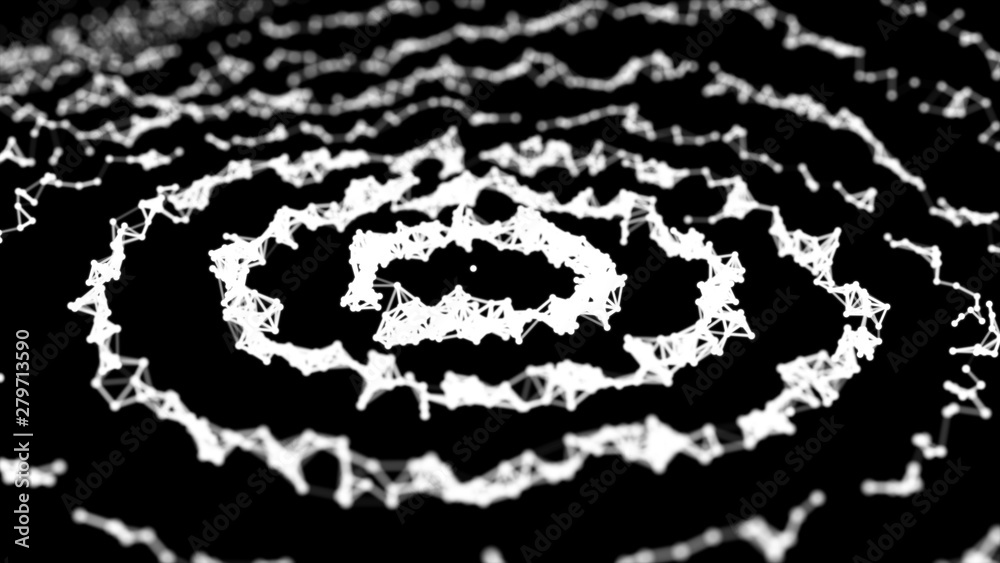Poster abstract dynamic wave of points and lines. network of bright particles connected by lines. big data.