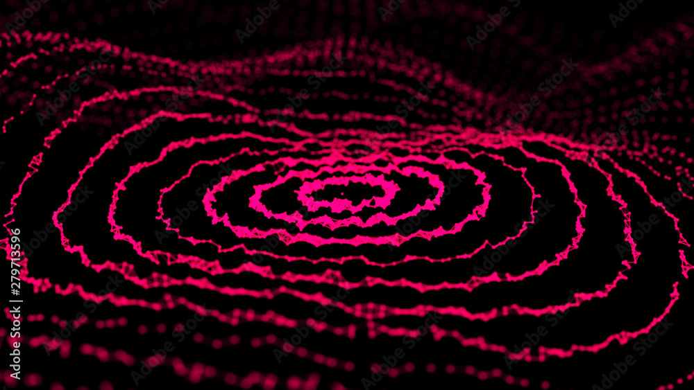 Poster abstract dynamic wave of points and lines. network of bright particles connected by lines. big data.