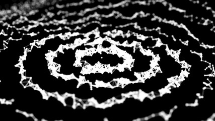 Abstract dynamic wave of points and lines. Network of bright particles connected by lines. Big data. Digital background. Spider's web. 4K illustration. 3d rendering.