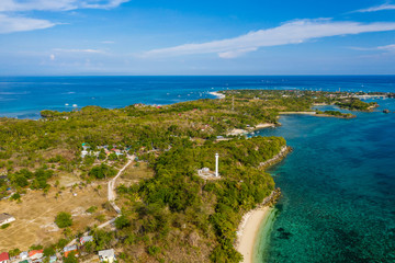Aerial drone view of the tropical island of Malapascua in the Cebu region of the Philippines