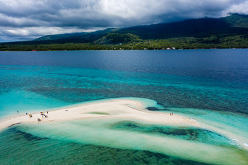 Aerial drone view of the sandy White Island off the coast of Camiguin in the Philippines