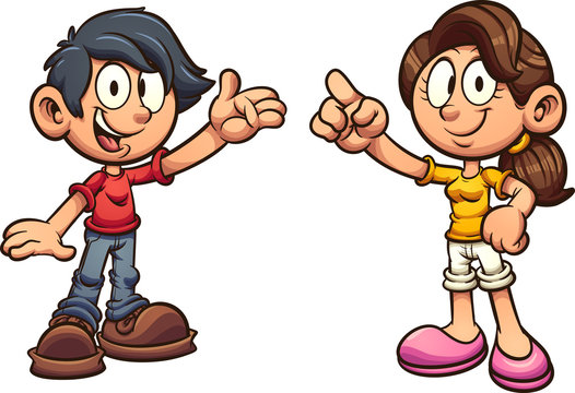 Cartoon boy and girl standing and smiling clip art. Vector illustration with simple gradients. Each on a separate layer. 