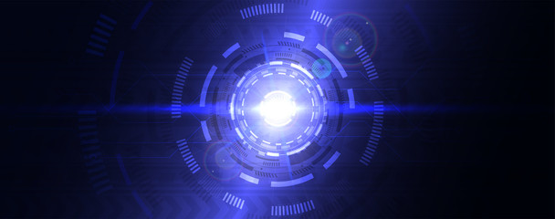 Digital abstract lens flare space, science fiction time and space travel cosmic background. Round futuristic energy reactor, technological light in the dark. Technology background, hi-tech concept. 