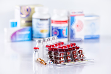 Drug prescription for treatment medication. Pharmaceutical medicament, cure in container for...