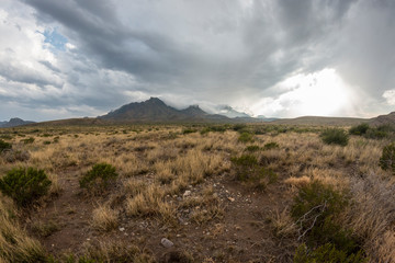 Landscape view of a thunderstorm passing through Big Bend National Park in Texas.