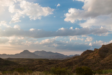 Desert landscape view of Big Bend National Park during the day in Texas.