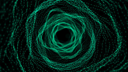 Naklejka premium Abstract interstellar tunnel or portal. 3D wormhole with a mesh structure. 4K illustration. Wireframe. 3d rendering.