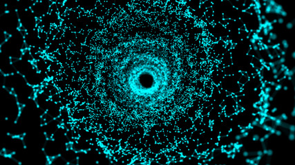 Abstract interstellar tunnel or portal. 3D wormhole of particles connected by lines. 4K illustration. Wireframe. 3d rendering.