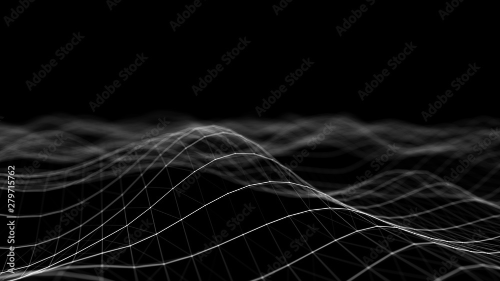 Poster wave 3d. wave of particles. abstract black geometric background. big data visualization. data techno