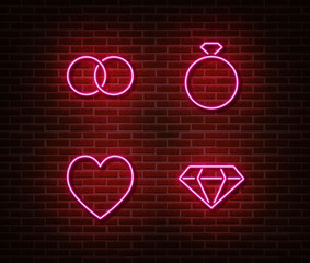 Neon wedding signs vector isolated on brick wall. Wedding rings, diamond, heart light symbol, decora