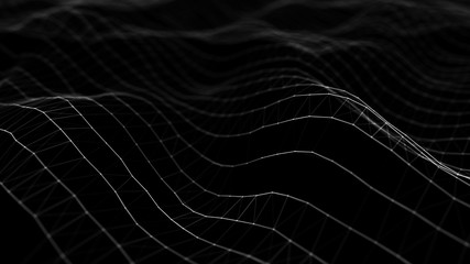 Wave 3d. Wave of particles. Abstract black Geometric Background. Big data visualization. Data technology abstract futuristic illustration. 3d rendering.