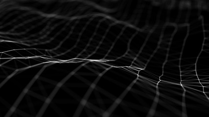 Wave 3d. Wave of particles. Abstract black Geometric Background. Big data visualization. Data technology abstract futuristic illustration. 3d rendering.