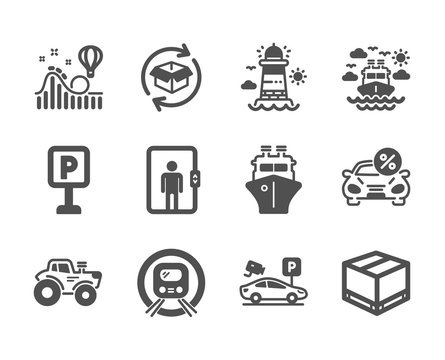 Set of Transportation icons, such as Return parcel, Ship, Car leasing, Roller coaster, Parking, Tractor, Elevator, Delivery box, Metro subway, Ship travel, Parking security, Lighthouse. Vector