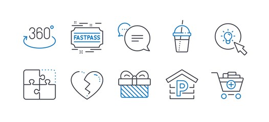 Set of Business icons, such as Puzzle, Gift, Parking, Text message, Energy, Fastpass, Broken heart, Coffee cocktail, Full rotation, Add products line icons. Engineering strategy, Present. Vector
